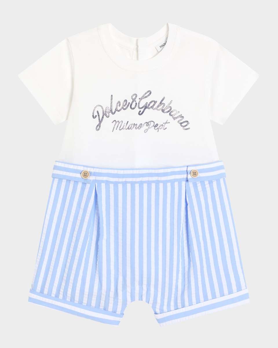 Boy's Seersucker Logo-Print Overalls, Size 3